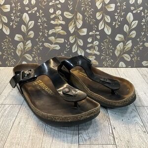 Birkenstock‎ Gizeh Black Patent Birko Flor Thong Sandals Size 37 US 6 Narrow